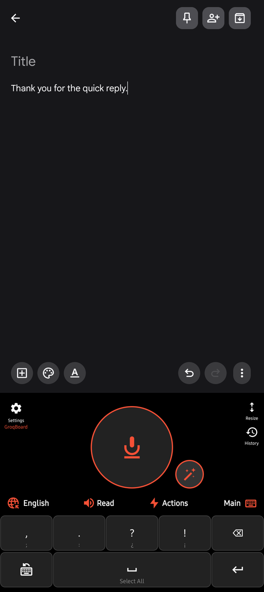 GroqBoard voice keyboard: one big dictation button, magic wand and one-tap language switching