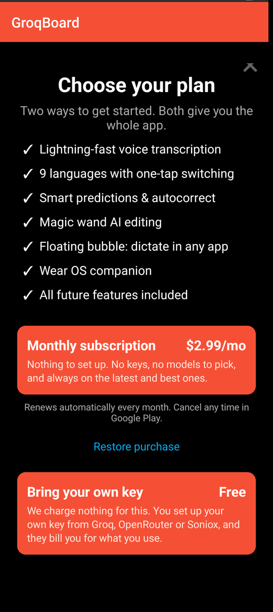 GroqBoard plan chooser: free with your own API key, or a monthly plan with the key included