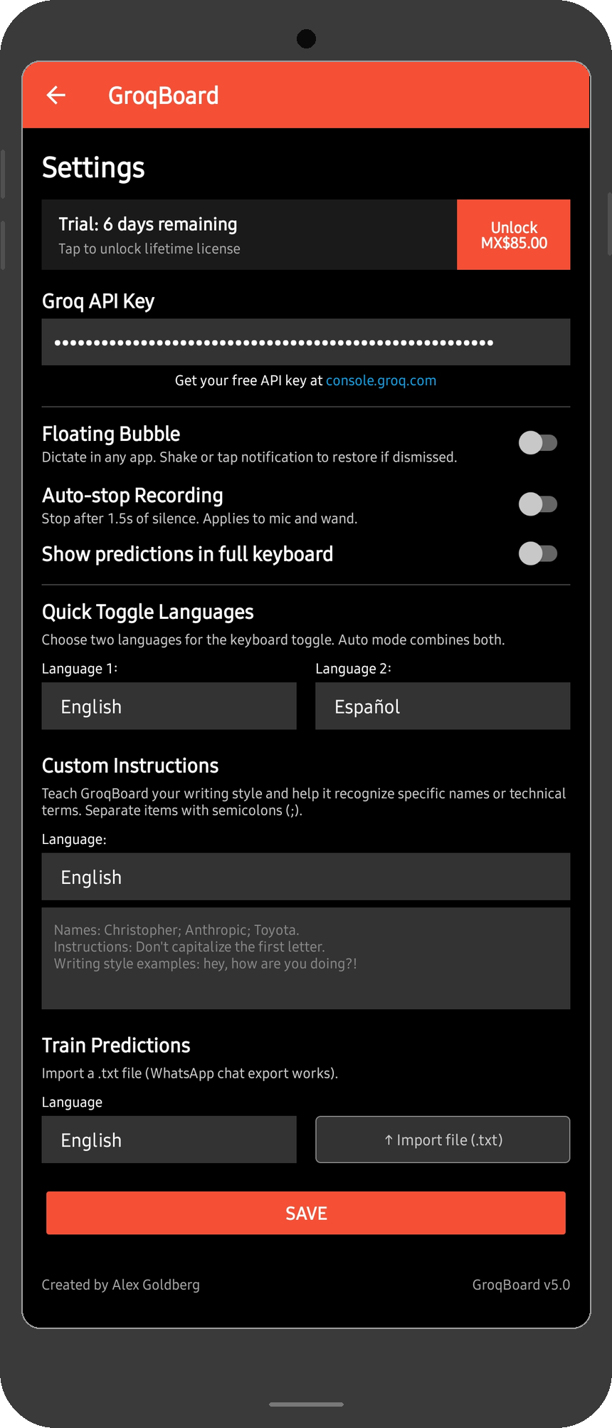 GroqBoard settings - languages, floating bubble and custom vocabulary
