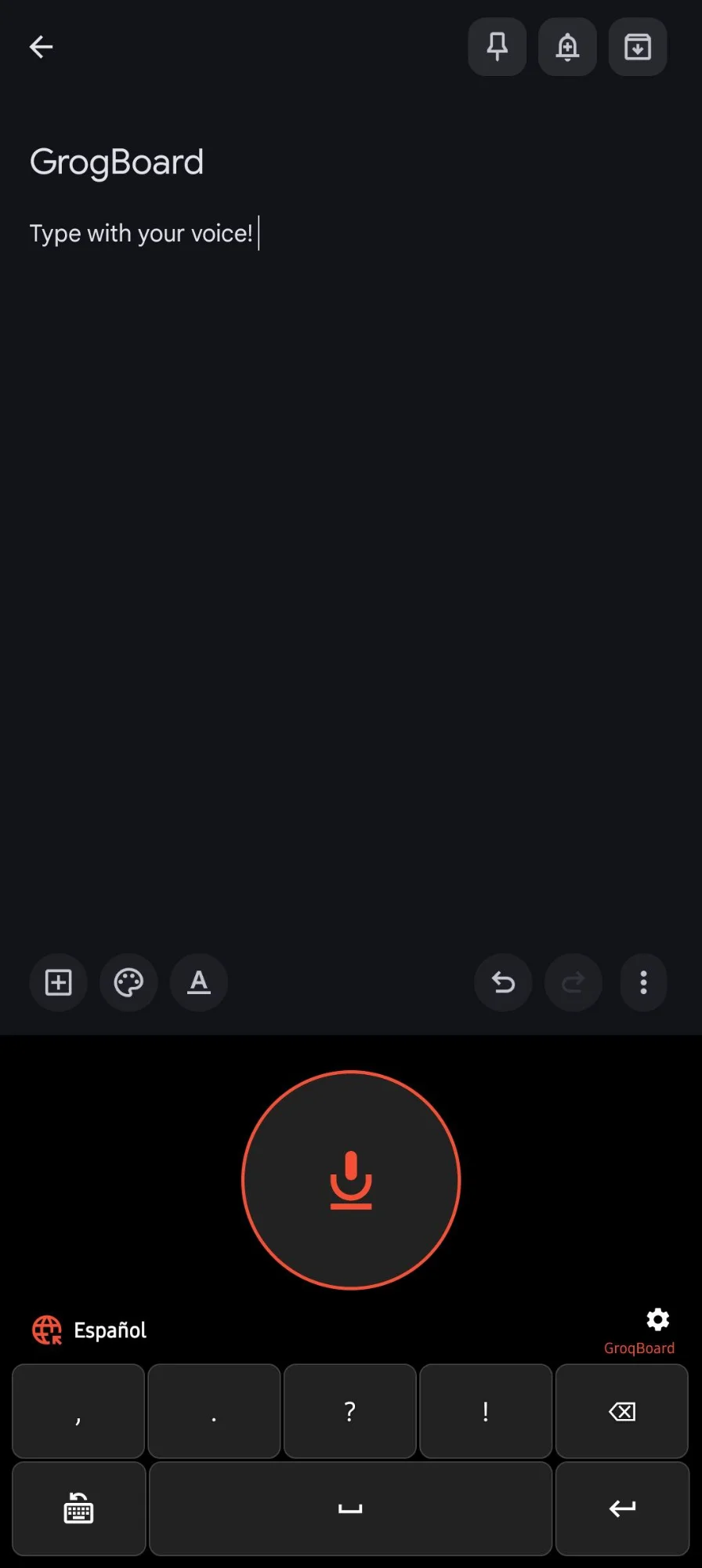 GroqBoard AI voice keyboard for Android - voice typing interface screenshot