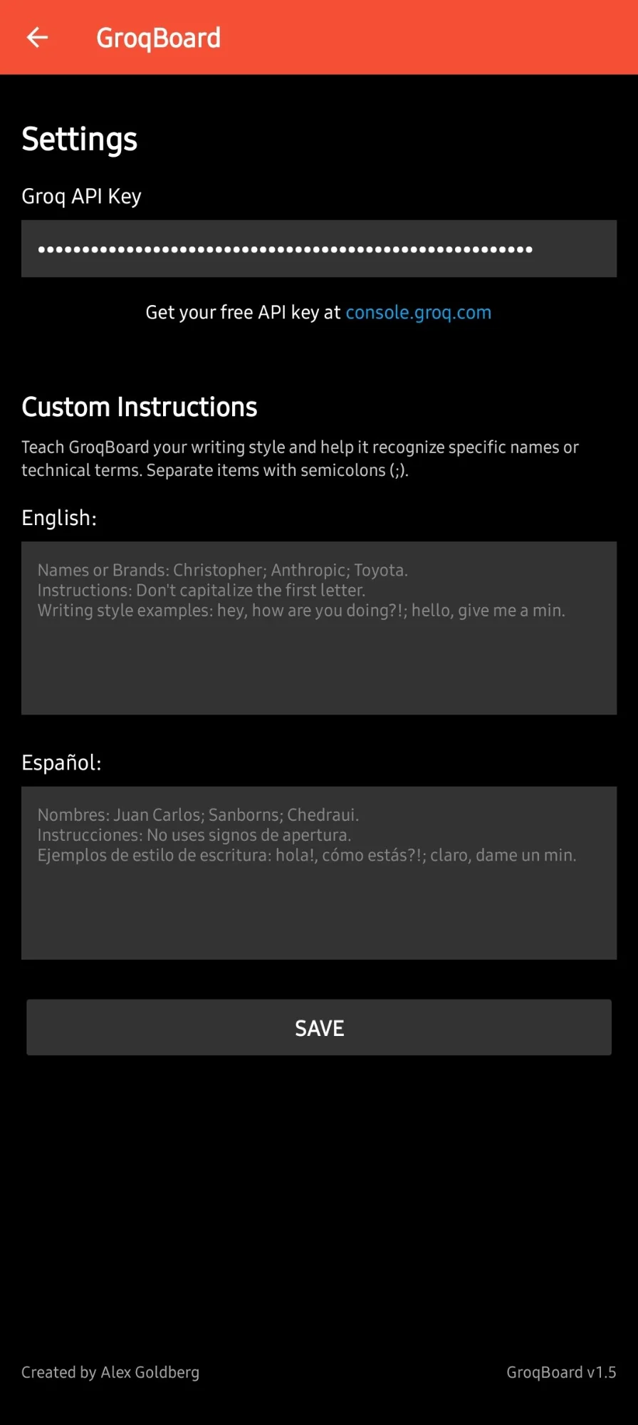 GroqBoard settings - language selection and AI voice editing configuration